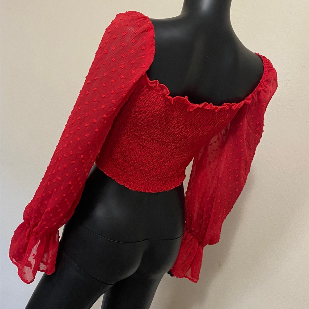 Romantic Red Ruched Sheer Sleeve Tie up Crop Top Blouse - Picture 7 of 12